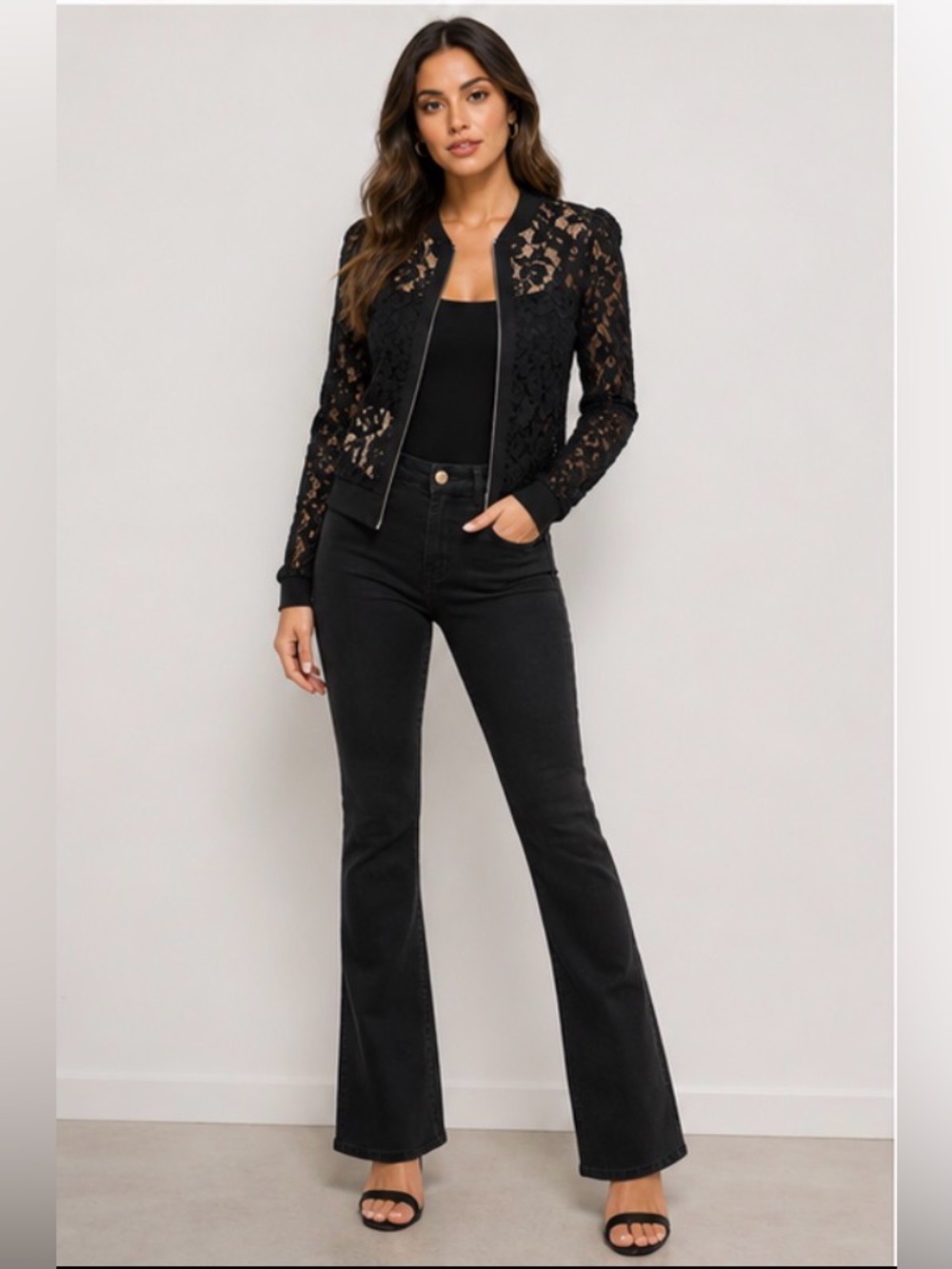 BCBG Max Azria Black Lace Jacket Zip Front Sheer Floral Overlay Medium - Picture 3 of 7